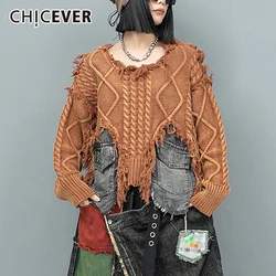 CHICEVER Raw Edge Designer Women Knitted Swearter O Neck Long Sleeve Spliced Pocket Streetwear Pollover Knitwear Female Clothes