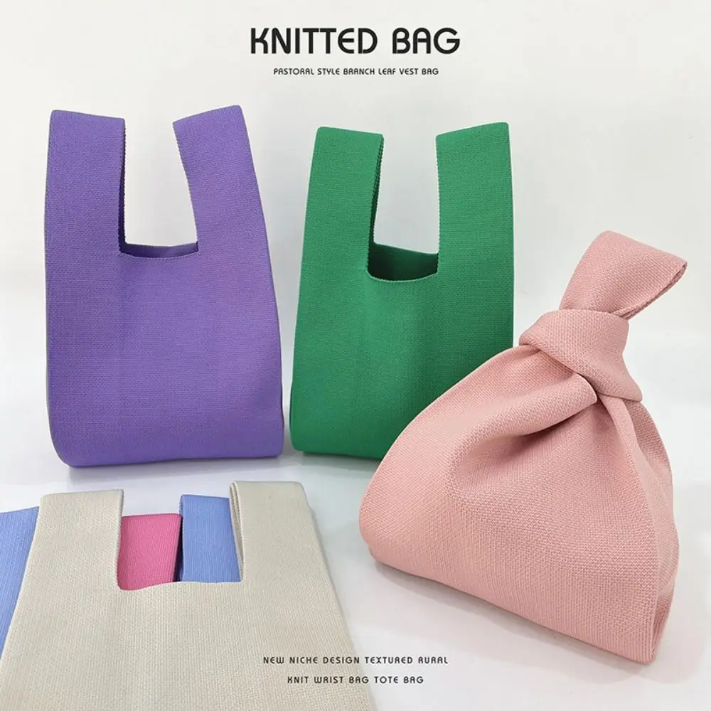 Casual Knitted Knot Wrist Bag Handmade Large Capacity Handbag Reusable Solid Color Tote Bag Women Girls