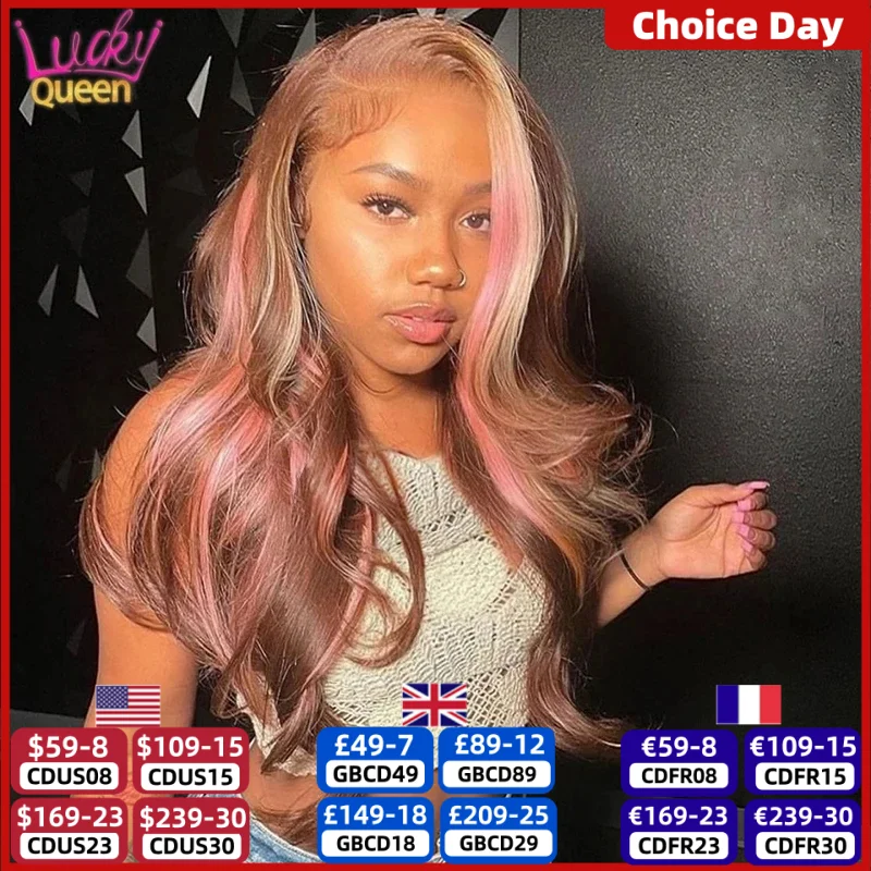 Perruque Lace Closure Wig 5x5 100% Naturelle, Cheveux Humains, Pre-Plucked, Transparent, 13 Age, à Reflets, Rose, Brun, pour Femme