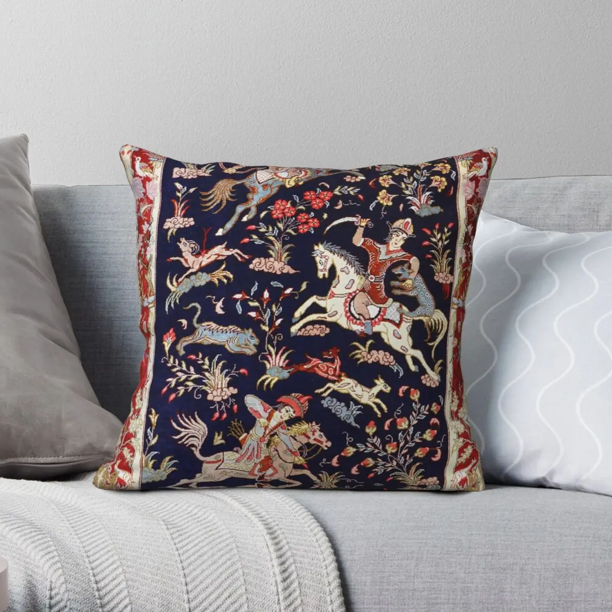 

Antique Persian Hunting Rug Pillowcase Polyester Linen Velvet Printed Zip Decor Pillow Case Bed Cushion Cover