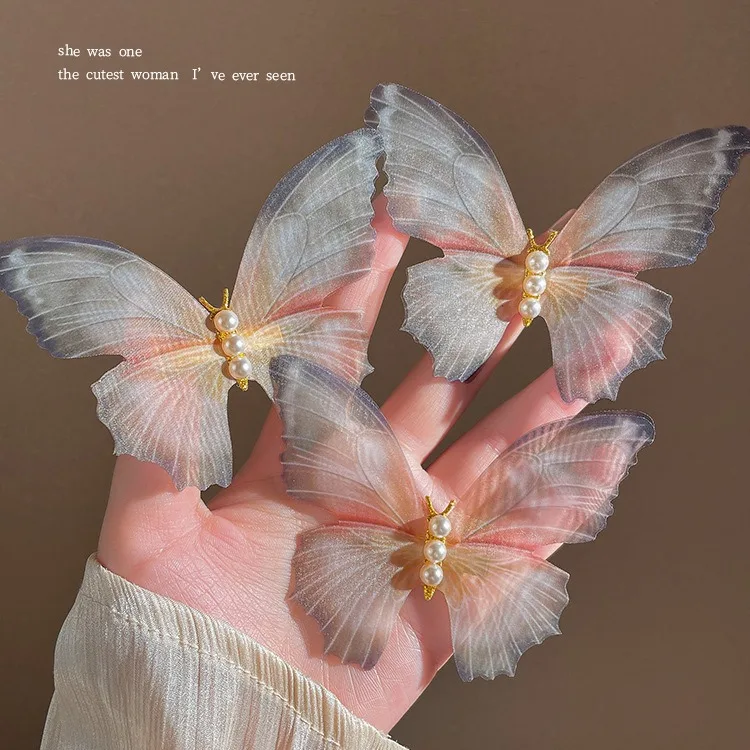 Fairy Spirit Flexible Tulle Butterfly Barrettes Female Photo Props Photo Pearl Edge Clip Hair Clip Headdress