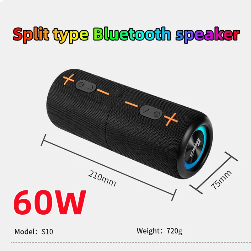 Split Wireless Bluetooth Speaker 60W Powerful IPX6 Waterproof TWS HIFI Stereo Surround with RGB Light Aux TF Card Caixa De Som