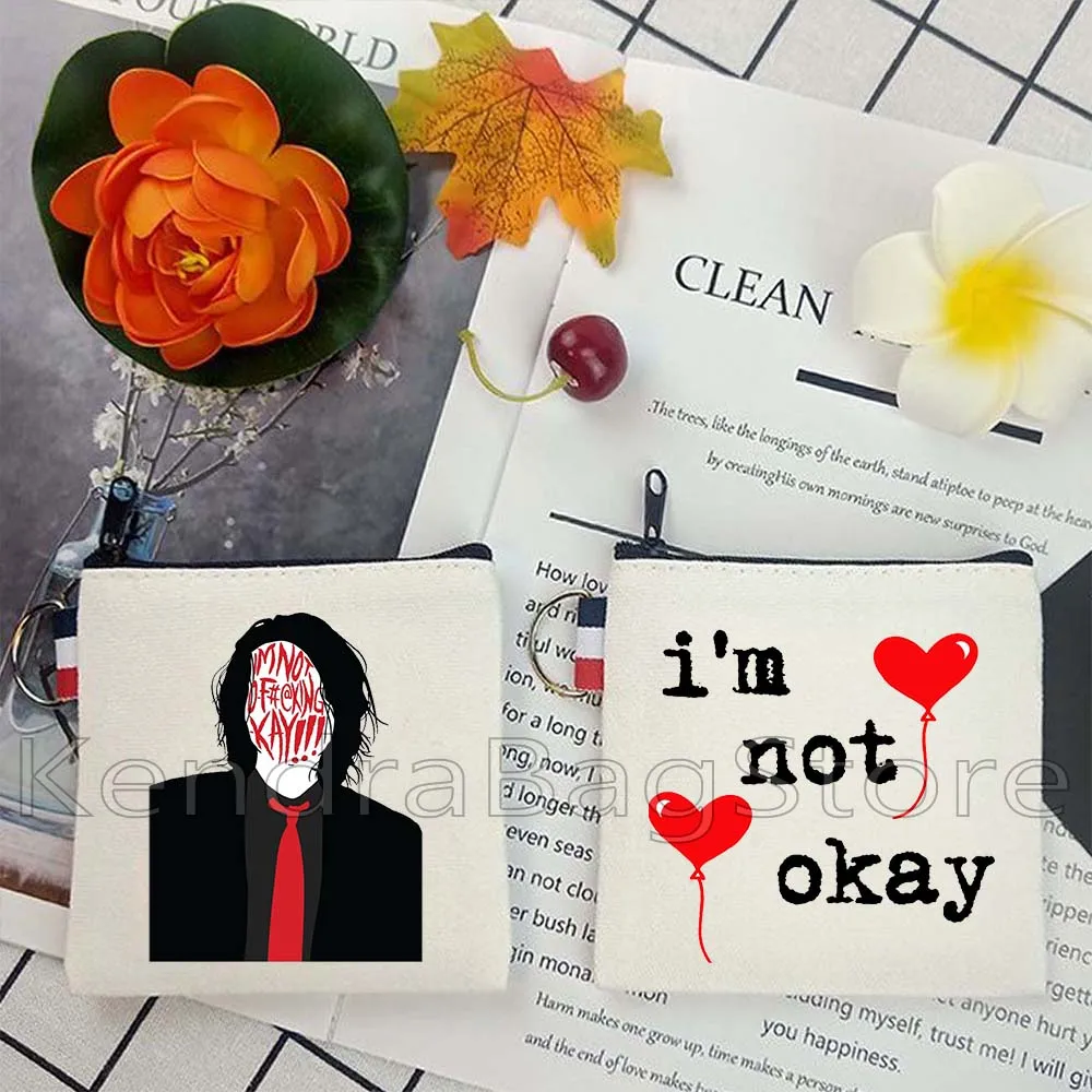 

I'm Not Okay Hearts EMO Canvas Coin Purse Canvas Bags Small Square Key Storage Card Bag Cartoon Coin Bag Wallet Zipper Pouch