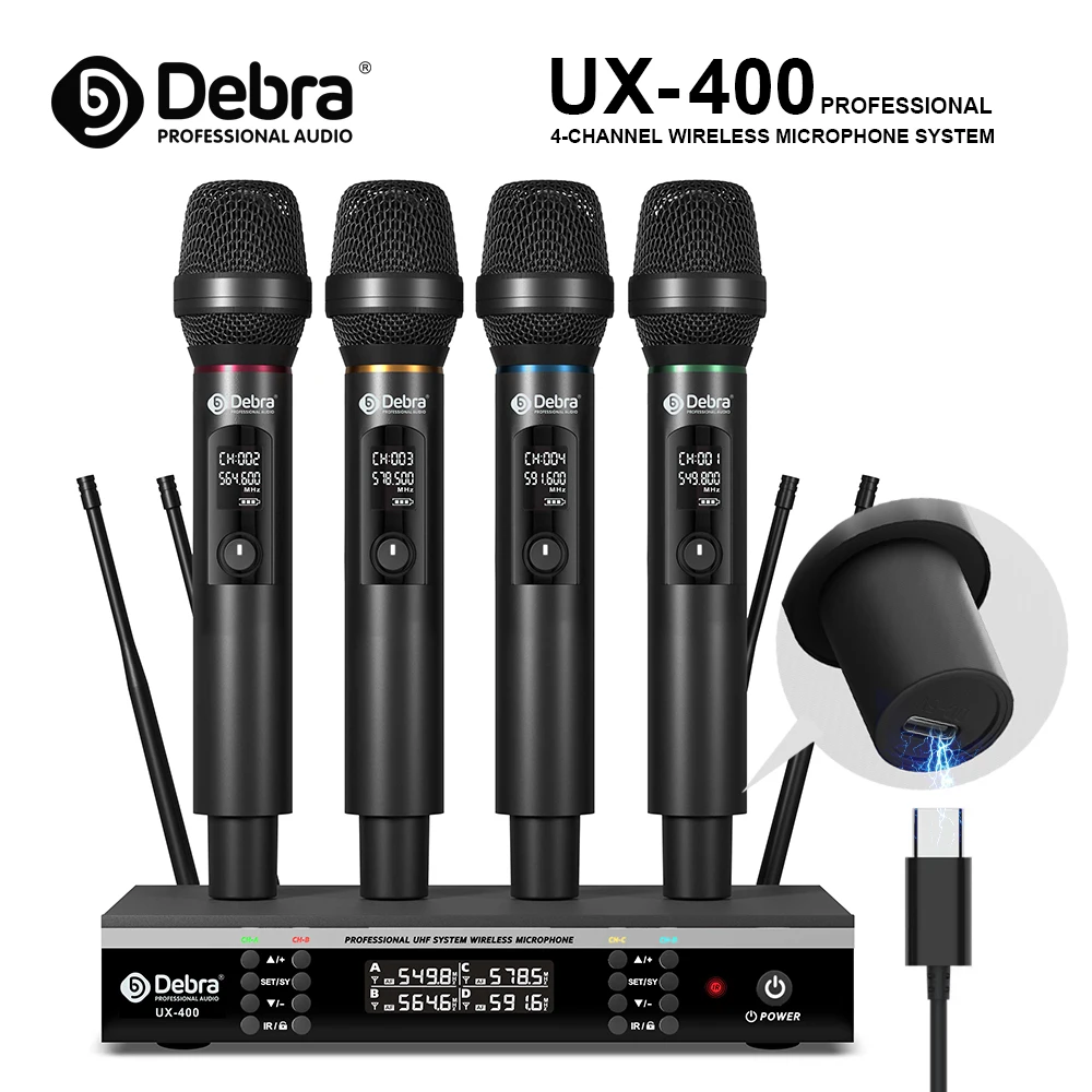 Debra UX-400 UHF 4-Channel Wireless Handheld Microphone System, 500-600MHz, with IR Frequency Synchronization and Auto-Search