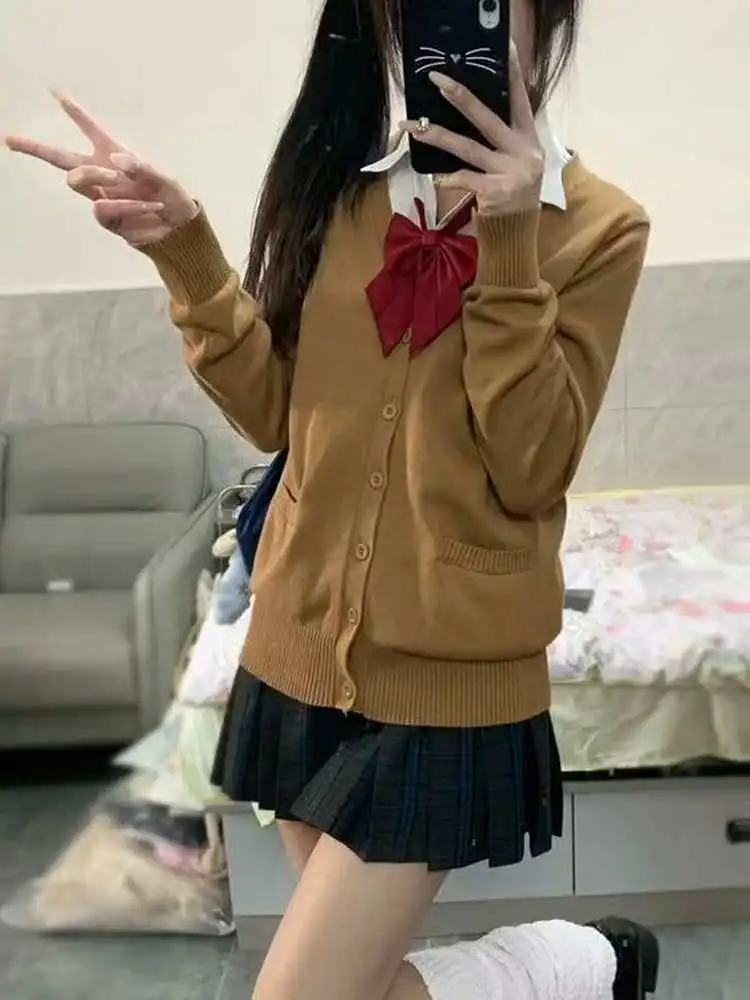 

Японский вязаный длинный светящийся свитер, школьный orm Set с пальто JK, юбка рта, украшенный узлом, повседневная мода