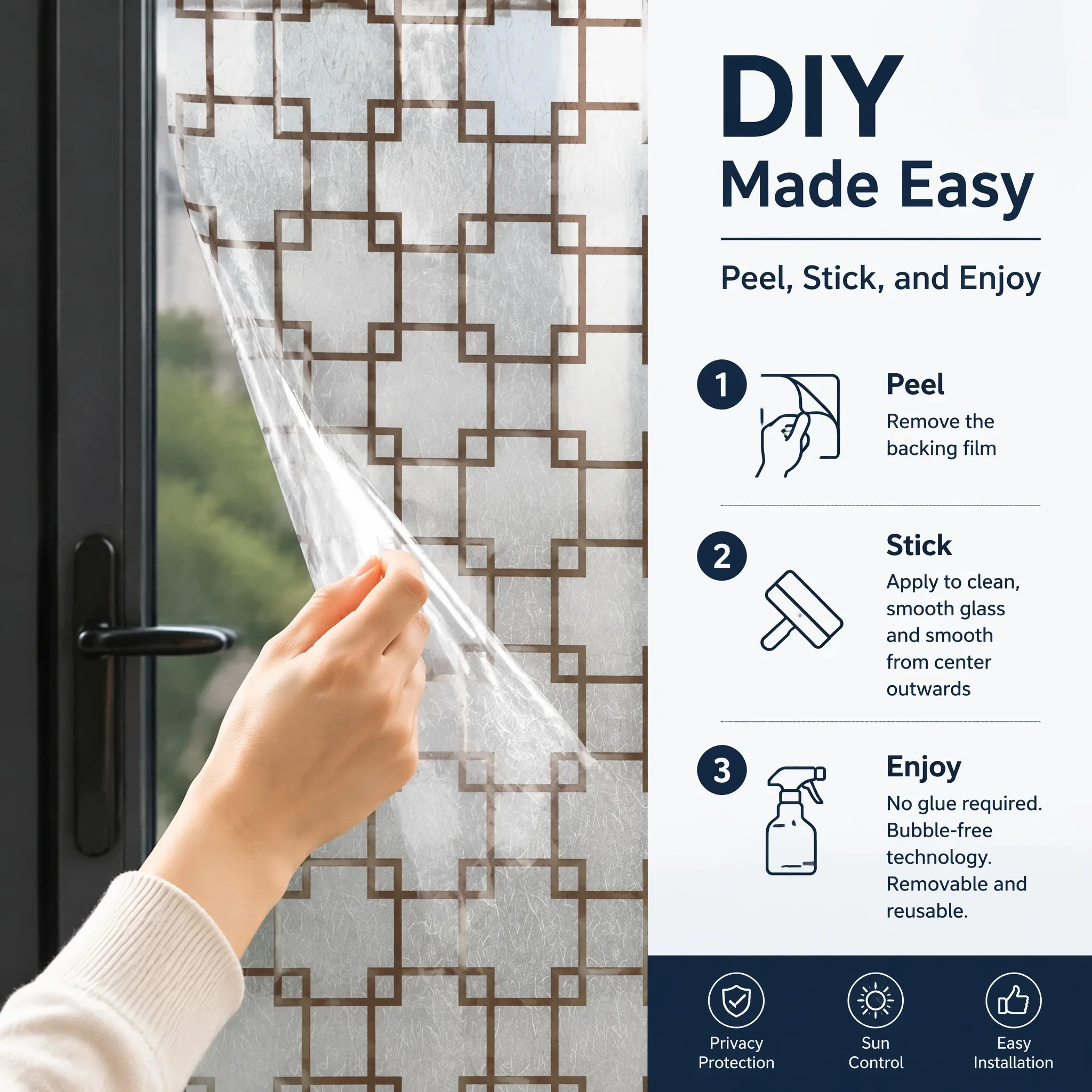 Self-Adhesive Chinese Lattice Design Frosted Window Film Privacy Screen Decorative Film for Home Decor