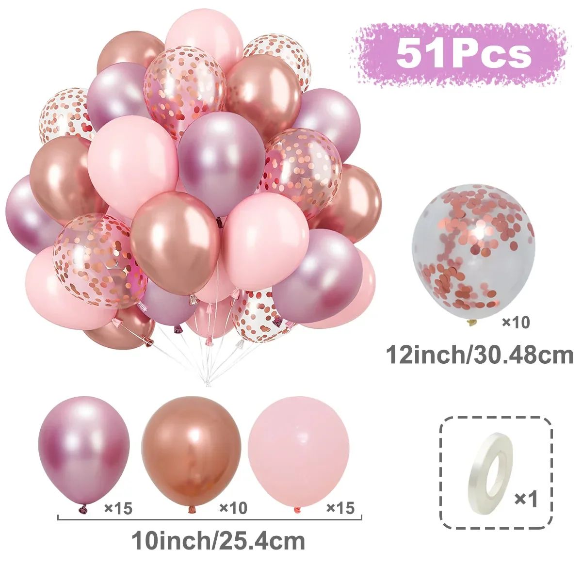 50-delige Macaron roze en paarse ballonset - metallic en confettiballonnen voor bruiloften, verjaardagen, binnen- en buitenfeestdecoratie