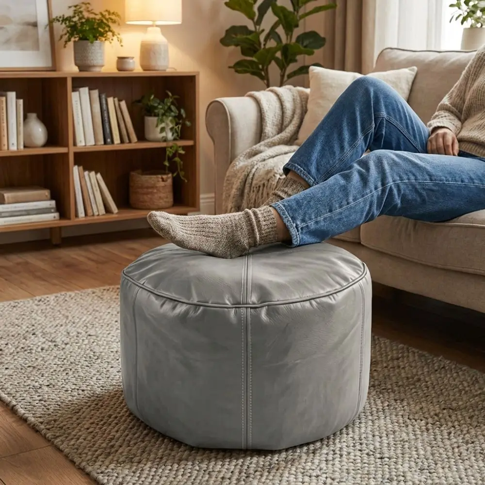 Clothes Storage Bag PU Leather Round Lazy Sofa Covers Large Capacity Unstuffed Pouf Cover Soft Removable Bean Bag Cover Corner