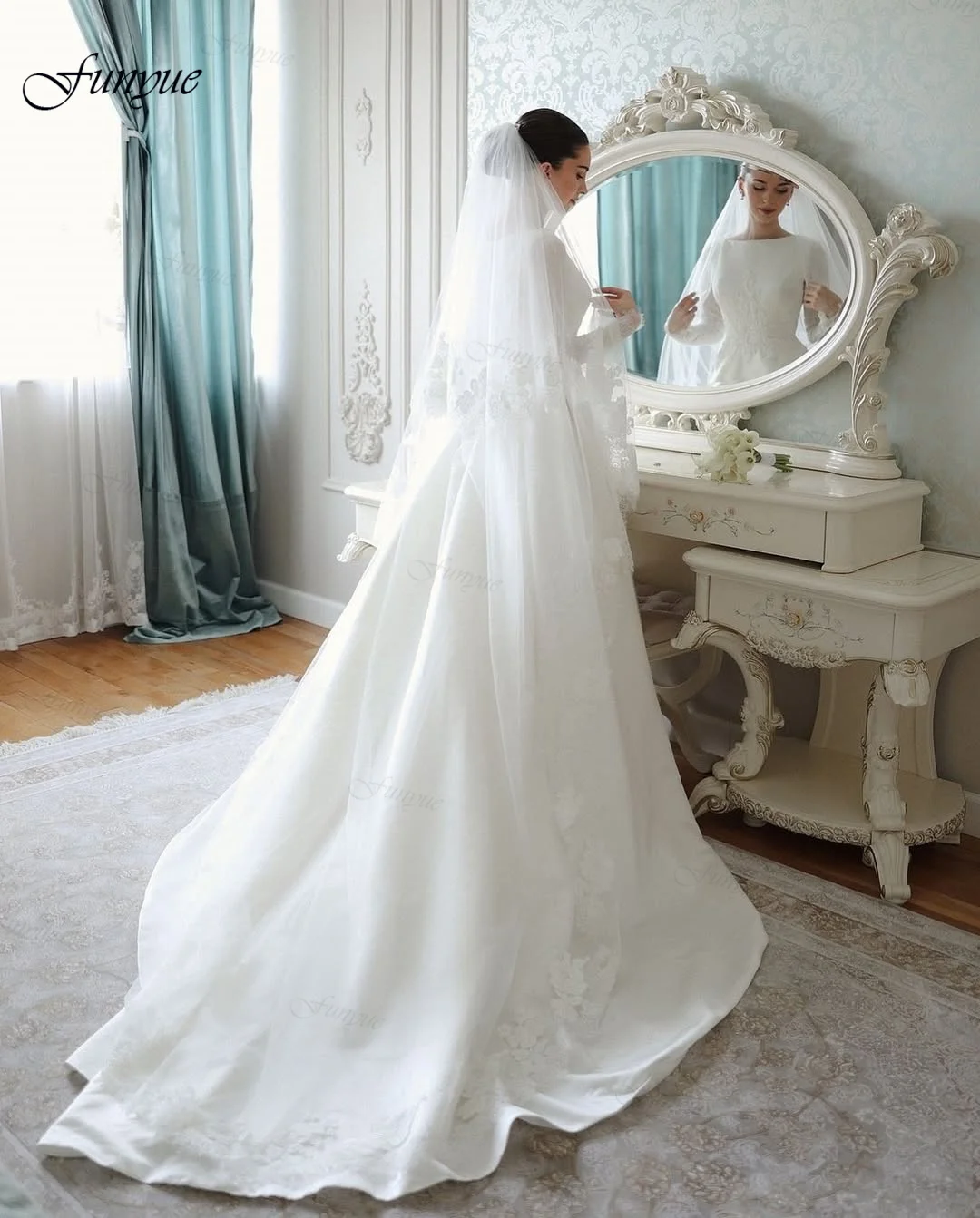 Customized Elegant Lace Long Sleeve Muslim Wedding Dress 2026 Bride with Veils Bridal Gowns A-Line Satin Vestidos De Novia New