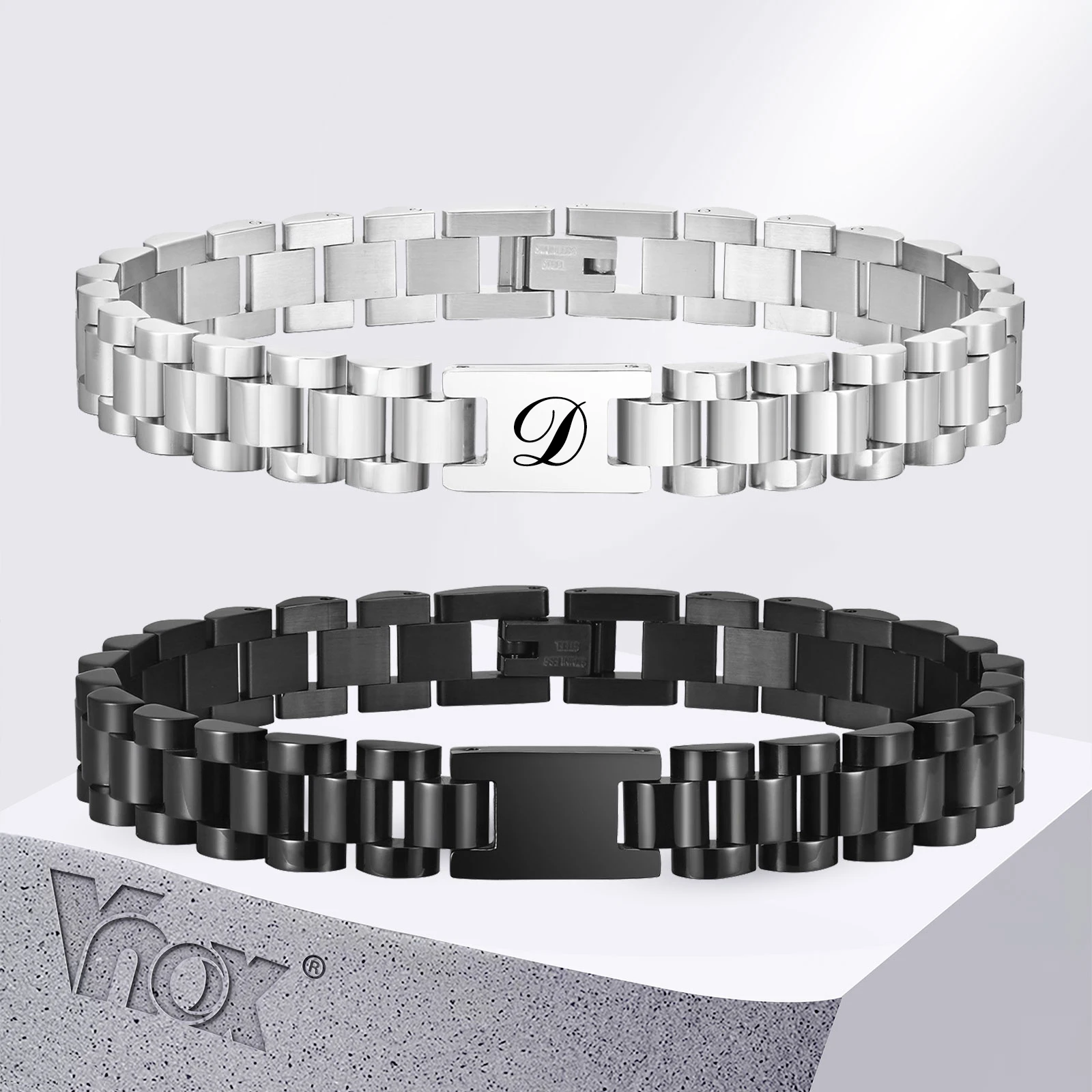 Vnox-Bracelet de montre en acier inoxydable personnalisé pour hommes et adolescents, bracelet avec nom gratuit, cadeau d\'affaires pour papa et mari,