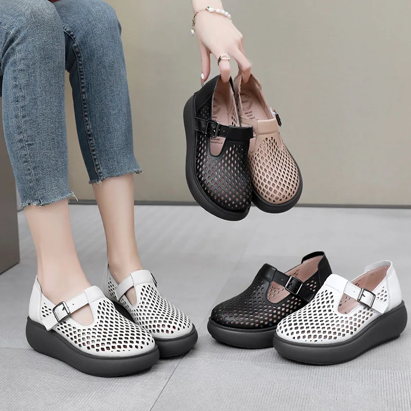 GKTINOO Genuine Leather Closed Toe Sandals For Women Hollow Out Summer Platform Sandals Wedges Leisure Ladies Shoes Handmade