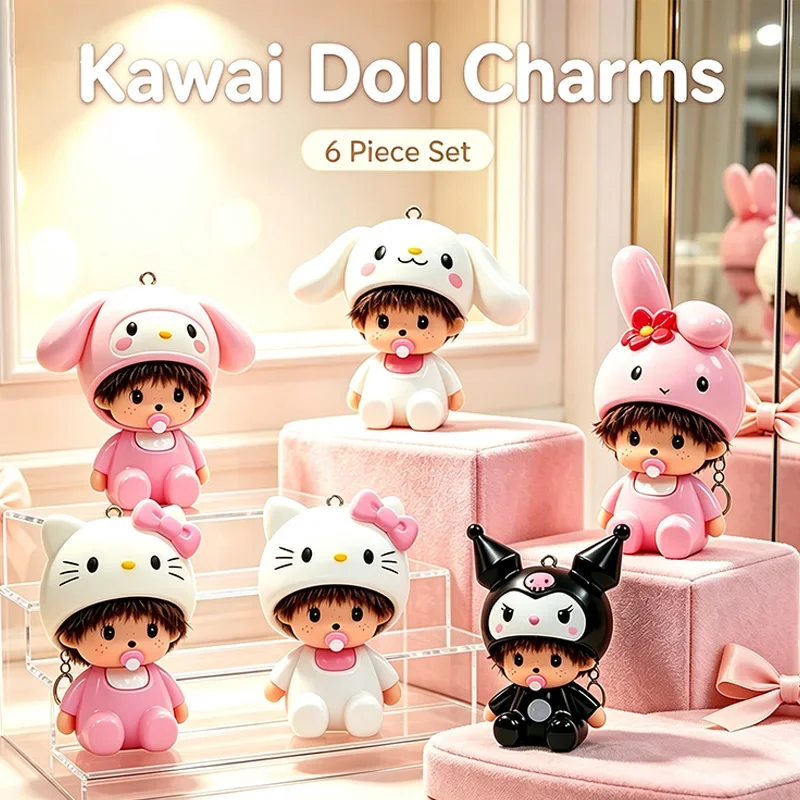 IN stock Monchhichi Sanrio Keychain Cute Doll Pendant Set Kitty Cinnamoroll My Melody Kuromi PVC Figure Bag Collectible Ornament