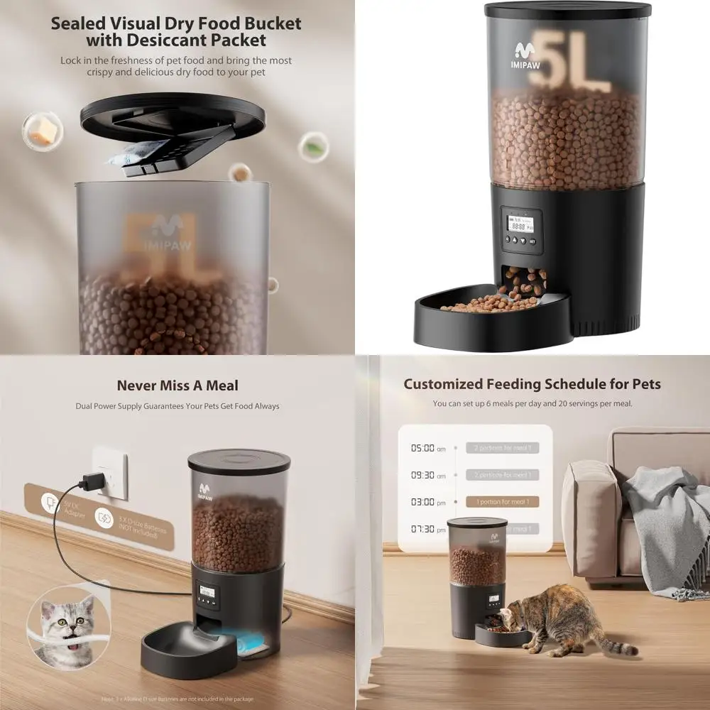 

Автоматическая кормушка для животных на 5 л, программируемая, с таймером, для сухого корма, двойное питание, 1-6 ежедневных приёмов пищи, осушитель в комплекте, чёрная