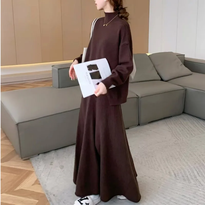 High Quality Lazy Fashion Casual Knitted 2 Piece Set Women Loose Pullover Tops + Long Skirt Sets Ladies Sweater Two Piece Suits