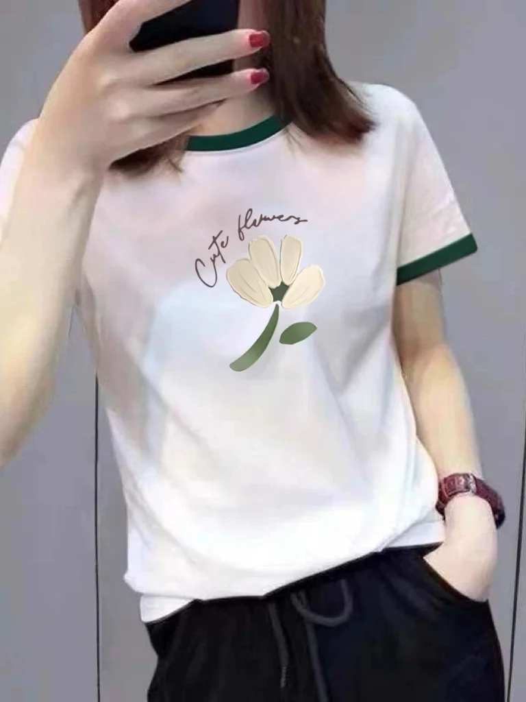 

High-End Mommy Style Short Sleeve T-Shirt Color Block Collar Cartoon Print Women's Versatile Slimming White Top Casual Wear
