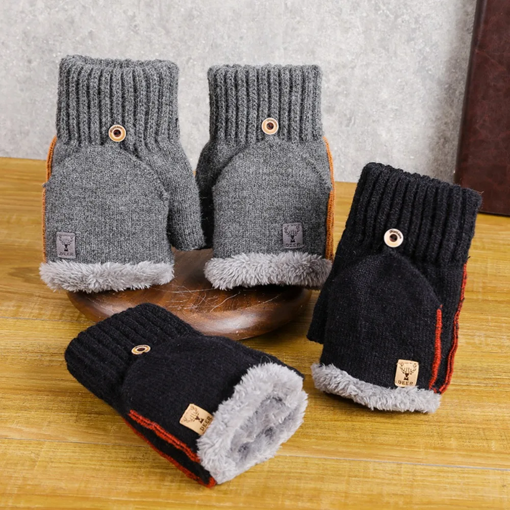 Acrylic Fibres Unisex Anti-cold Mittens Thickened Soft Half Finger Gloves Solid Color Touch Screen Dual-use Gloves Couple