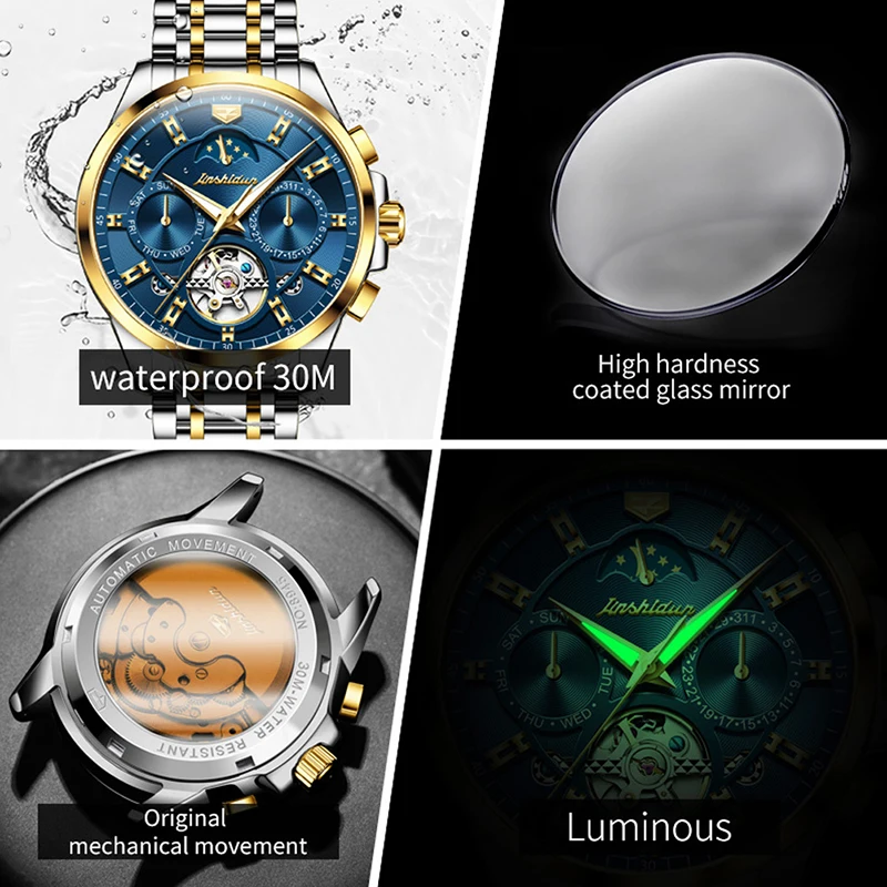 JSDUN orologi da uomo Top Brand Luxury Tourbillon orologio meccanico da uomo in acciaio inossidabile impermeabile Fashion Moon Phase Watch Men