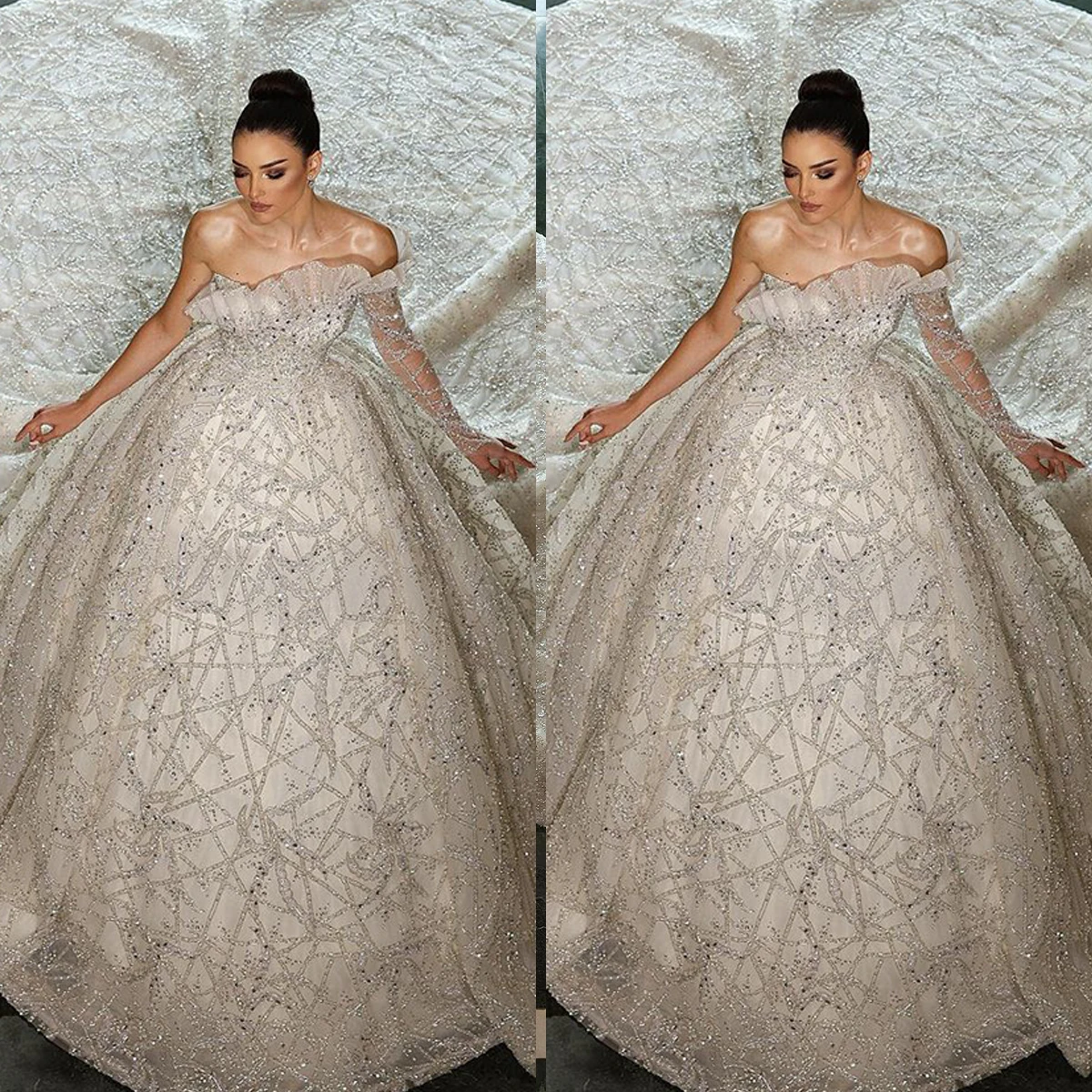 

Gorgeous Ball Gown Wedding Dress Puff Beading Illusion Princess Wedding Dress With Long Train Vestido De Noiva Bridal Gowns