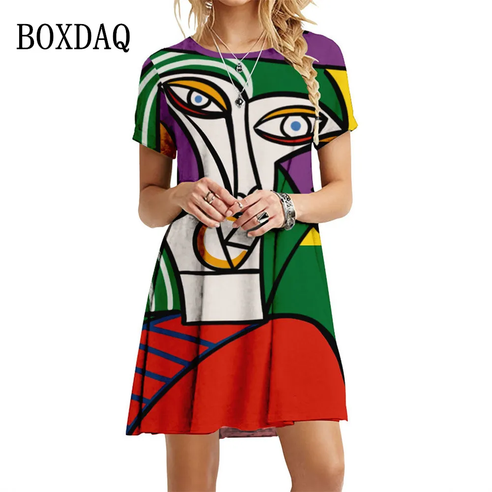 

Summer Fashion Street Hip Hop Women's Dress Short Sleeve Abstract Painting Face 3D Print Dress Sweet Casual Party A-Line Dresses