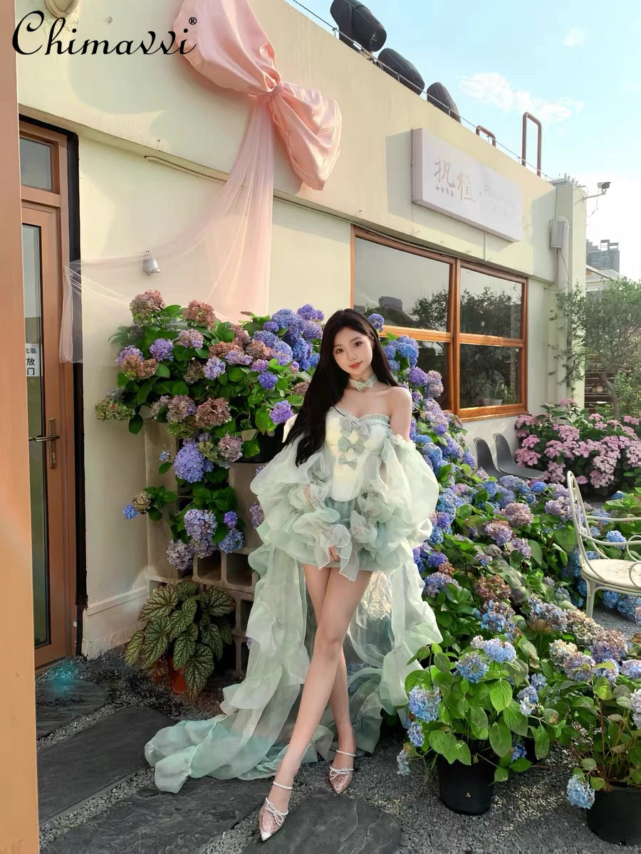 

Summer Green Dress Super Fairy Princess Trailing Dress Set Sweet Sexy Girl Tube Top Puff Dress Cute Big Bow Party Gown Dresses