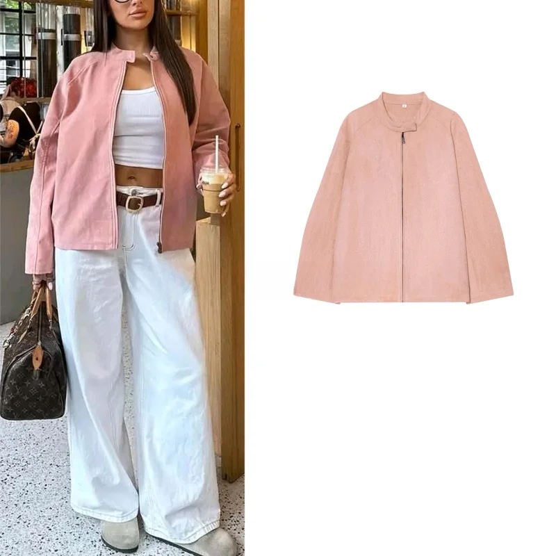 

mat Sle Women's Jaet ort Suede Coat Zipper Collar Long Sve Loose Fit Winter New Arrival Ladies Outerwear