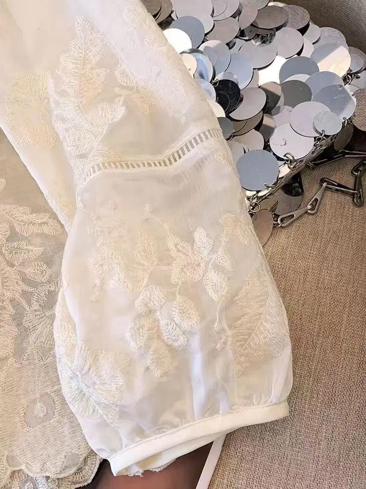 Flower Embroidery Chic Lace Splicing Tangsuit Button Shirts Women Jackets New Chinese Cheongsam Hanfu Vintage Thin Coats Summer
