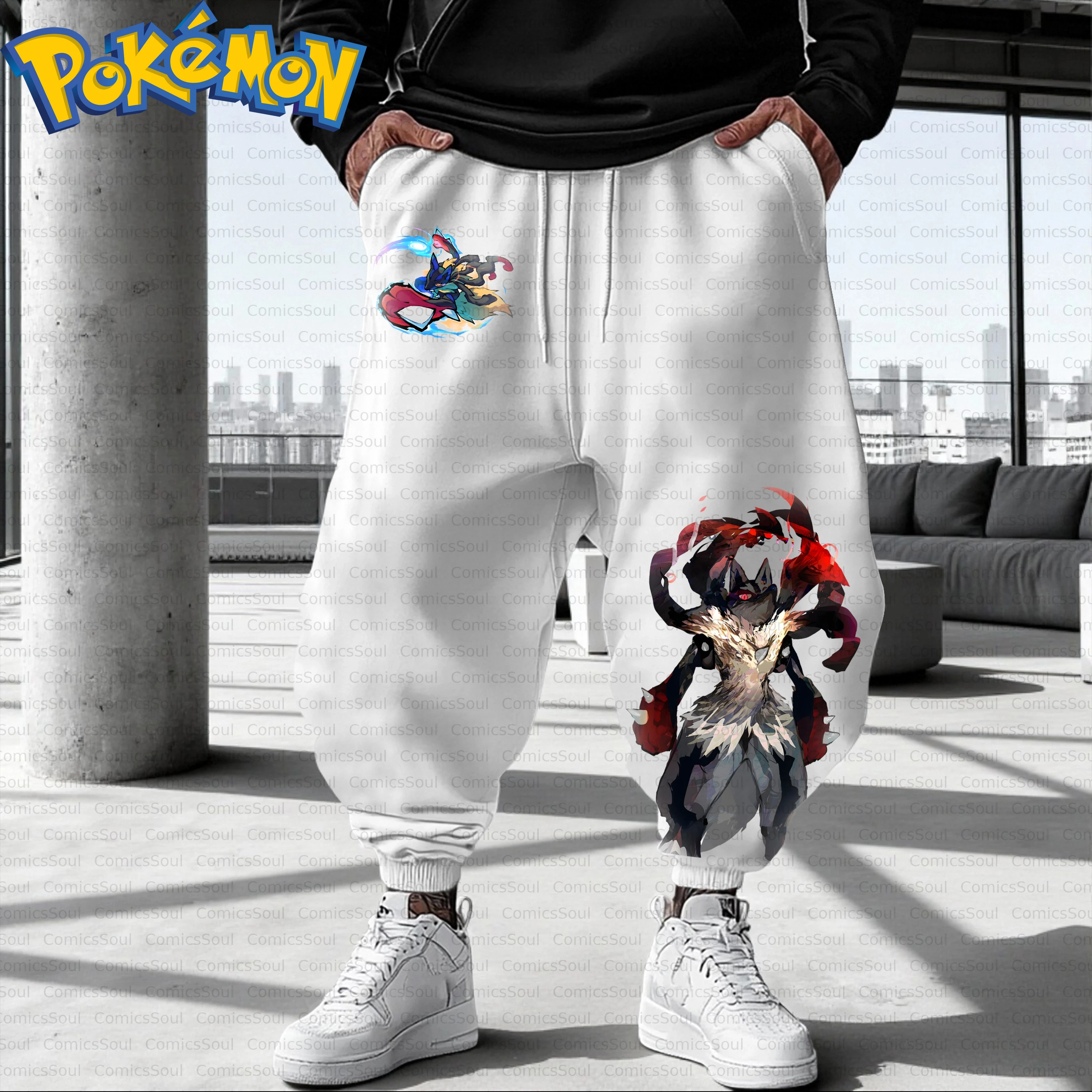 Conjunto de moletom com capuz Pokémon de algodão branco e calças Harajuku com estampa traseira de personagem de olhos vermelhos escuros e design de texto de manga roupa casual