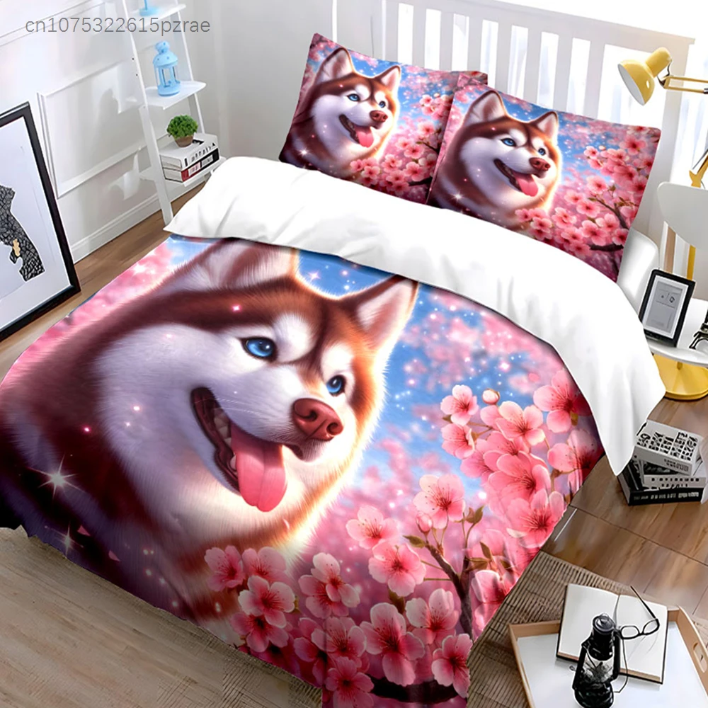 Adorable Red Husky With Cherry Blossoms 3PCS Bedding Set Soft Microfiber Bedding Set For Dog Lovers Spring Vibe Bedroom Decor