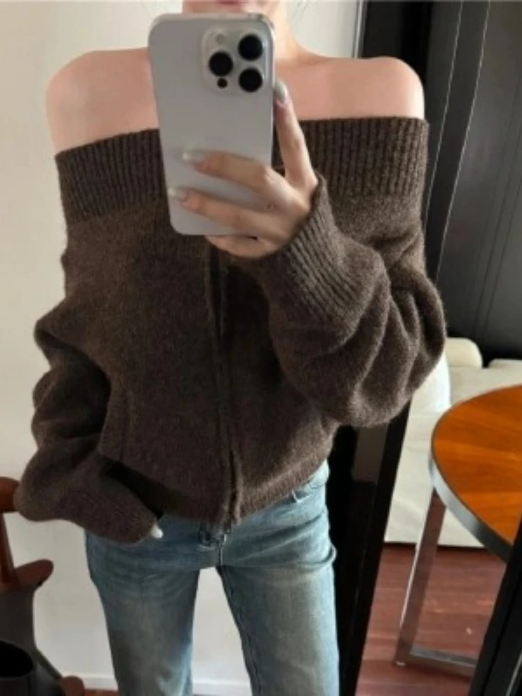 Moda autunno donna manica lunga con spalle scoperte maglione elegante sexy cerniera invernale top lavorato a maglia maglieria pullover allentato vintage