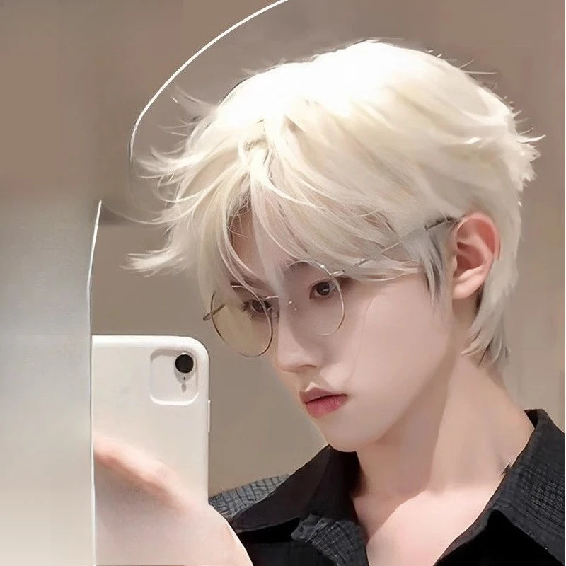 

Men's Synthetic Short Hair Half-Up Half-Down Full Head Cap with Buttons, Heat-Resistant Fiber, Short Wig for Boys and Students