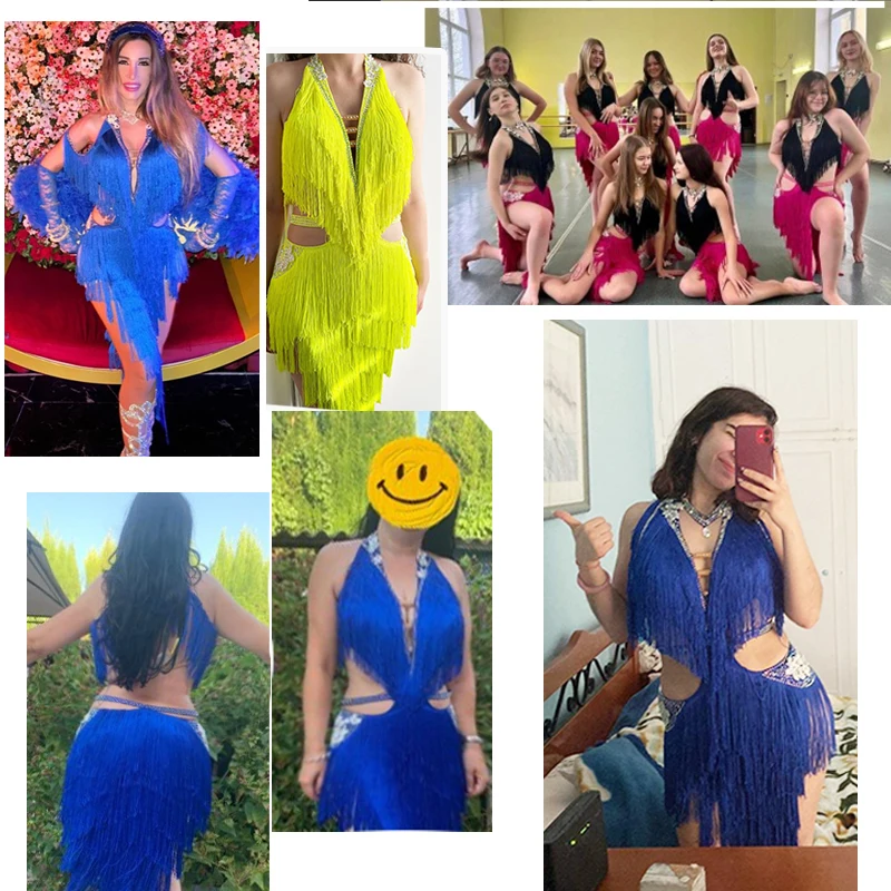 Abito da ballo latino costumi da competizione gonna abiti da spettacolo strass personalizza taglia Royal Blue frange ricamato