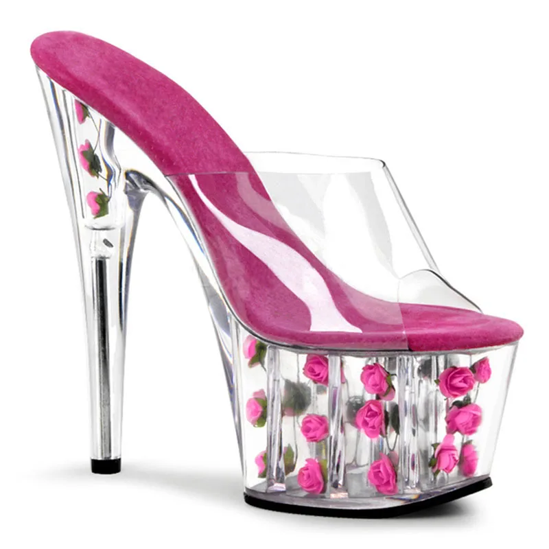 17cm nightclub sandals transparent crystal rose party sexy high heels nightclub ballroom show High Heels Sandals