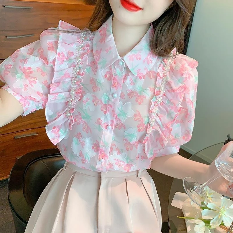 

2026 Summer New Women's Turn Down Collar Beaded Ruffle Short Sleeve Printed Shirt Sweet Age Defying Chic