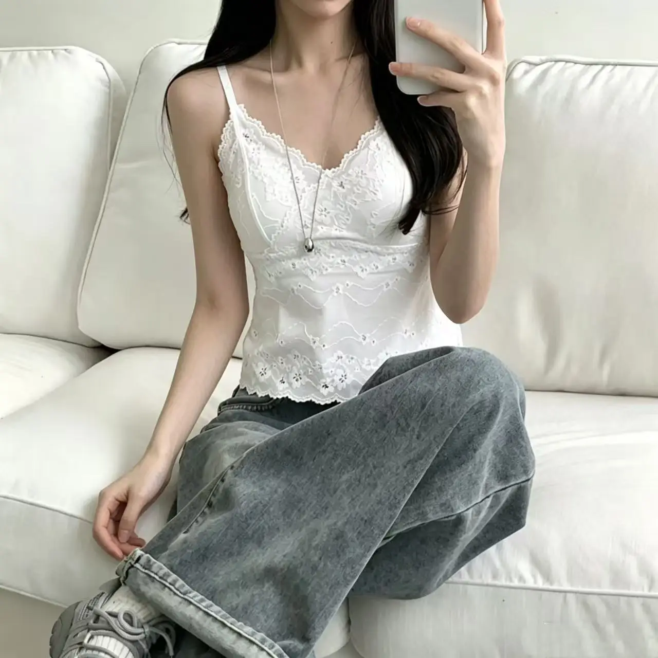 Korean Style Heavyweight Lace Embroidery Strap Vest Summer New Ins Integrated Chest Pad  Beautiful Back Top Women's ...