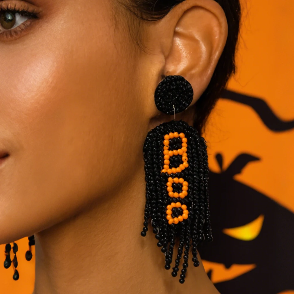 

1 Pair Halloween Boo Beaded Earrings for Women Handmade Fringe Drop Dangle Jewelry Funny Party Costume Accessories Gift Idea