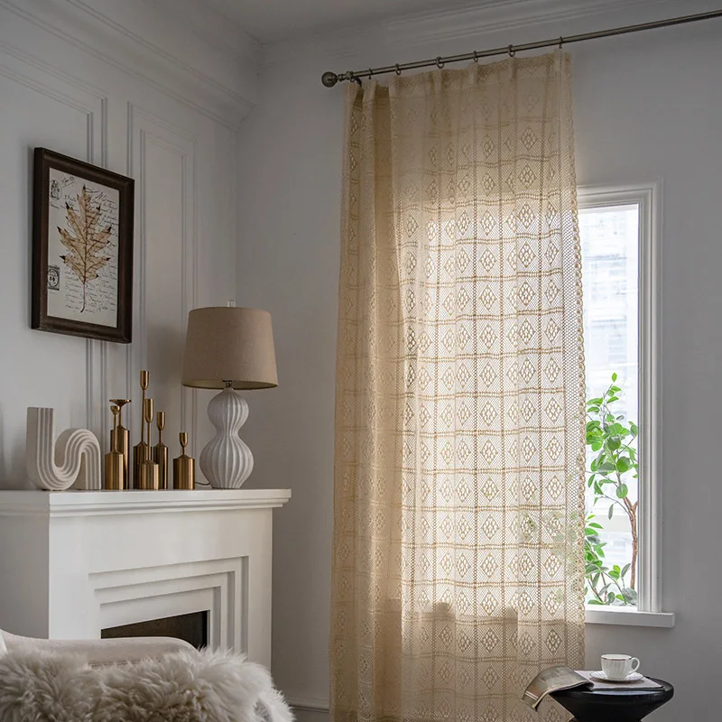 

Floor-to-ceiling Window Cloth Bay Window Screen American Retro Hollow Crochet Light-transmitting Bedroom Living Room Curtains