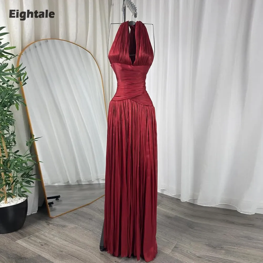 

Eightale Arabic Evening Dress V-Neck Floor Length Pleats Crepe Customized Burgundy Muslim Prom Wedding Party Gown
