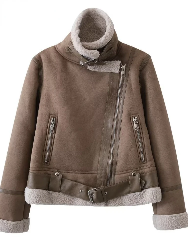 Chaqueta de cuero sintético para mujer, abrigo corto y cálido con cremallera y cordones, Estilo Vintage, Simple y fresco, para otoño e invierno, 2024