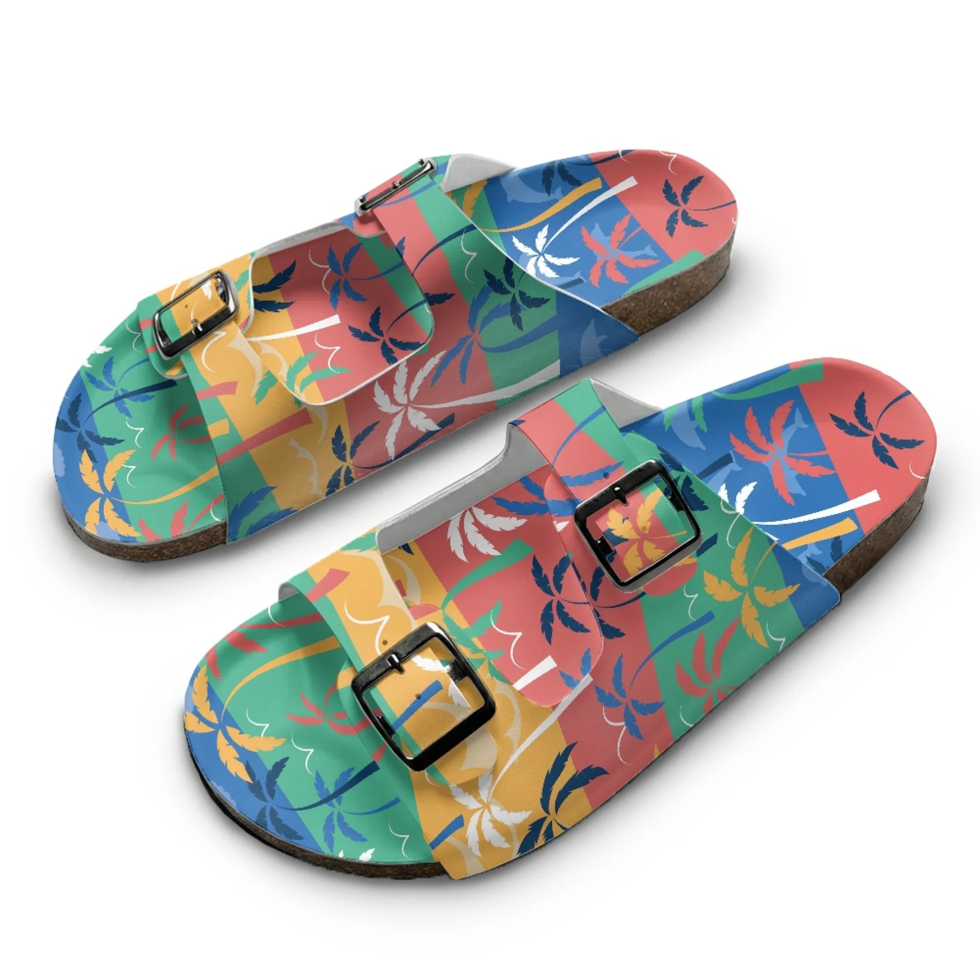 Summer Beach Pattern Home Custom Slippers High Quality Unisex Fashion Casual Double Buckle Double Strap Wooden-soled Slippers