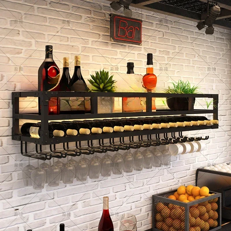 Simple wall, wine shelf, bar counter, wrought iron, red wine glass, glass holder upside down, hanging wine cabinet shelf