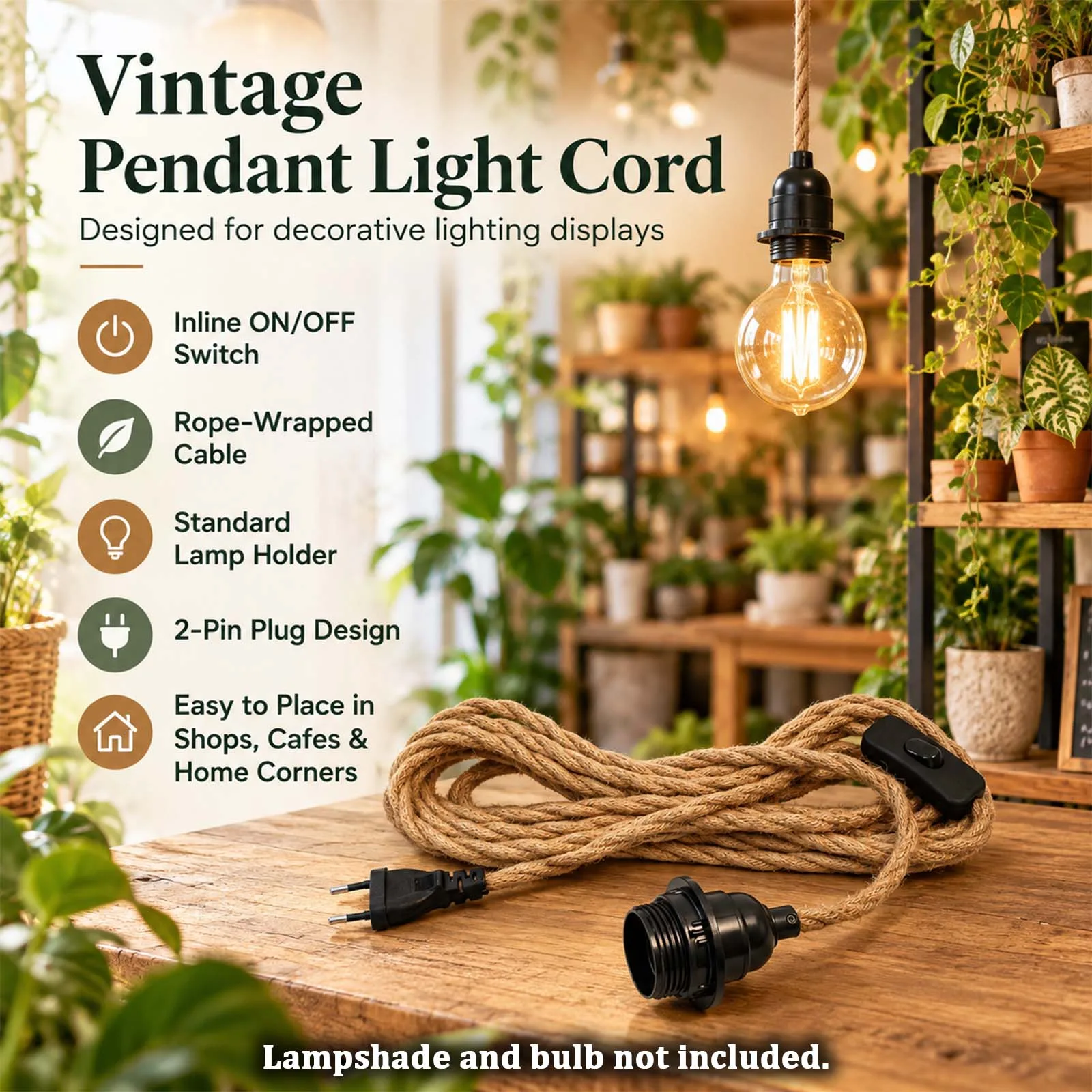 Vintage Lamp Cord with Switch and Plug, Black Dome E27 Socket, Inline On Off Switch, 2-Pin Plug, Dining Area, Home, Boho