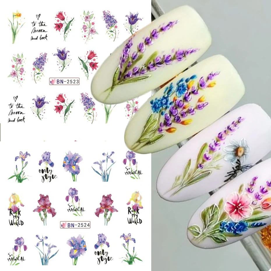 الزهور المائية يترك ملصقات الأظافر خط الهندسة الكتابة على الجدران رسمت الملونة المنزلق نقل المياه الشارات مانيكير الديكور