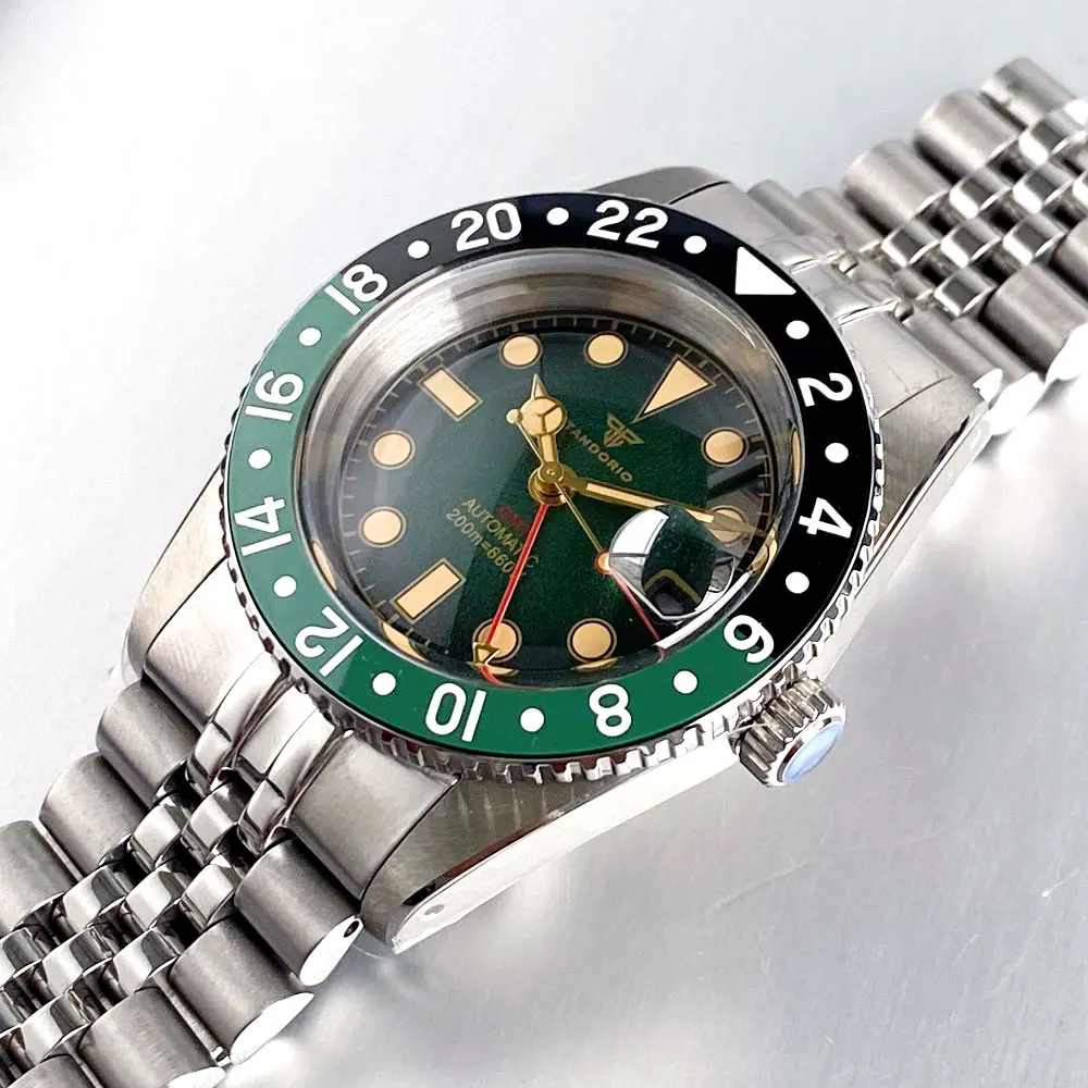 Tandorio Bubble с сапфировым стеклом 38 мм NH34 GMT автоматические часы мужские 200 м водонепроницаемые матовые текстуры зеленый циферблат Lume стальной браслет