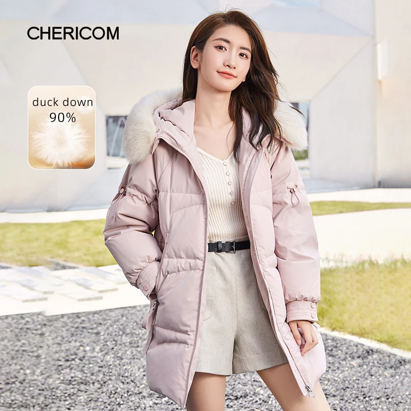 Chericom Women's Winter Down Jacket Detachable Fur Collar Padding Mid Long Hooded Thick Duck Down Fluffy Puffer Coats 279206