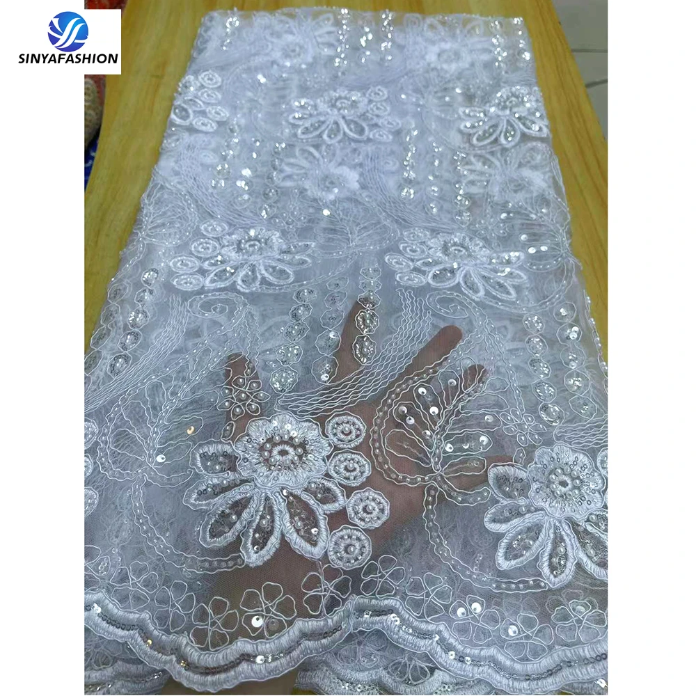 

Sinya 2024 High Quality 11 Different Designs Beautiful White African Pearls Sequins French Mesh Tulle Beaded Lace Fabric Luxury