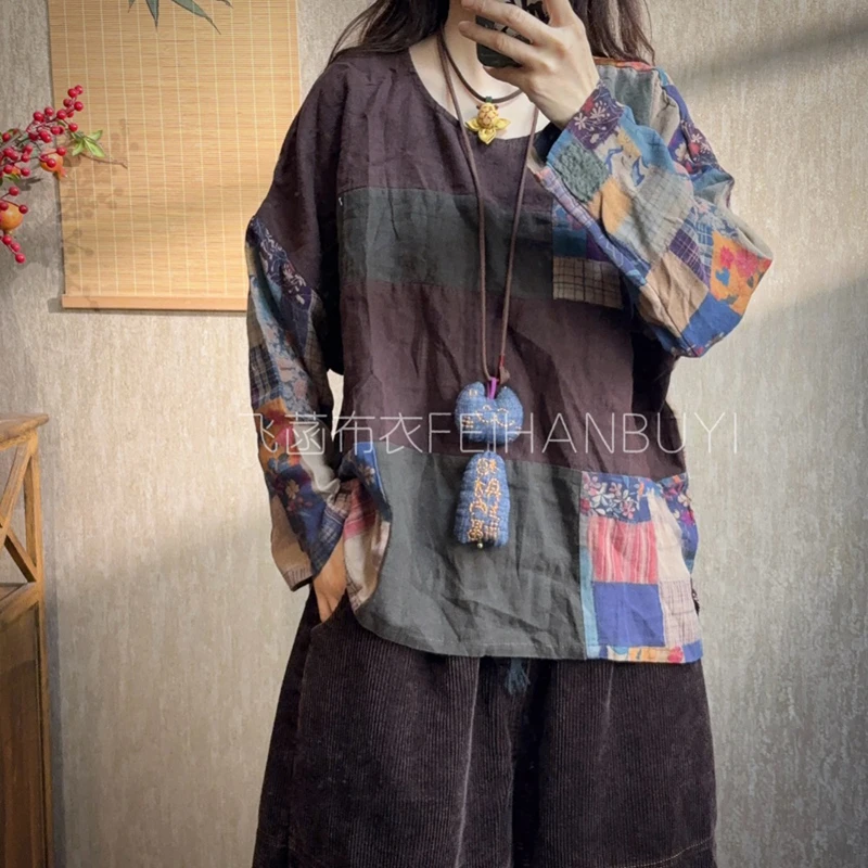 

2025 New Arrival Spring & Autumn Women Casual Cotton Linen Plaid Patchwork Tops Tees O-neck Long Sleeve Vintage T-shirt F84