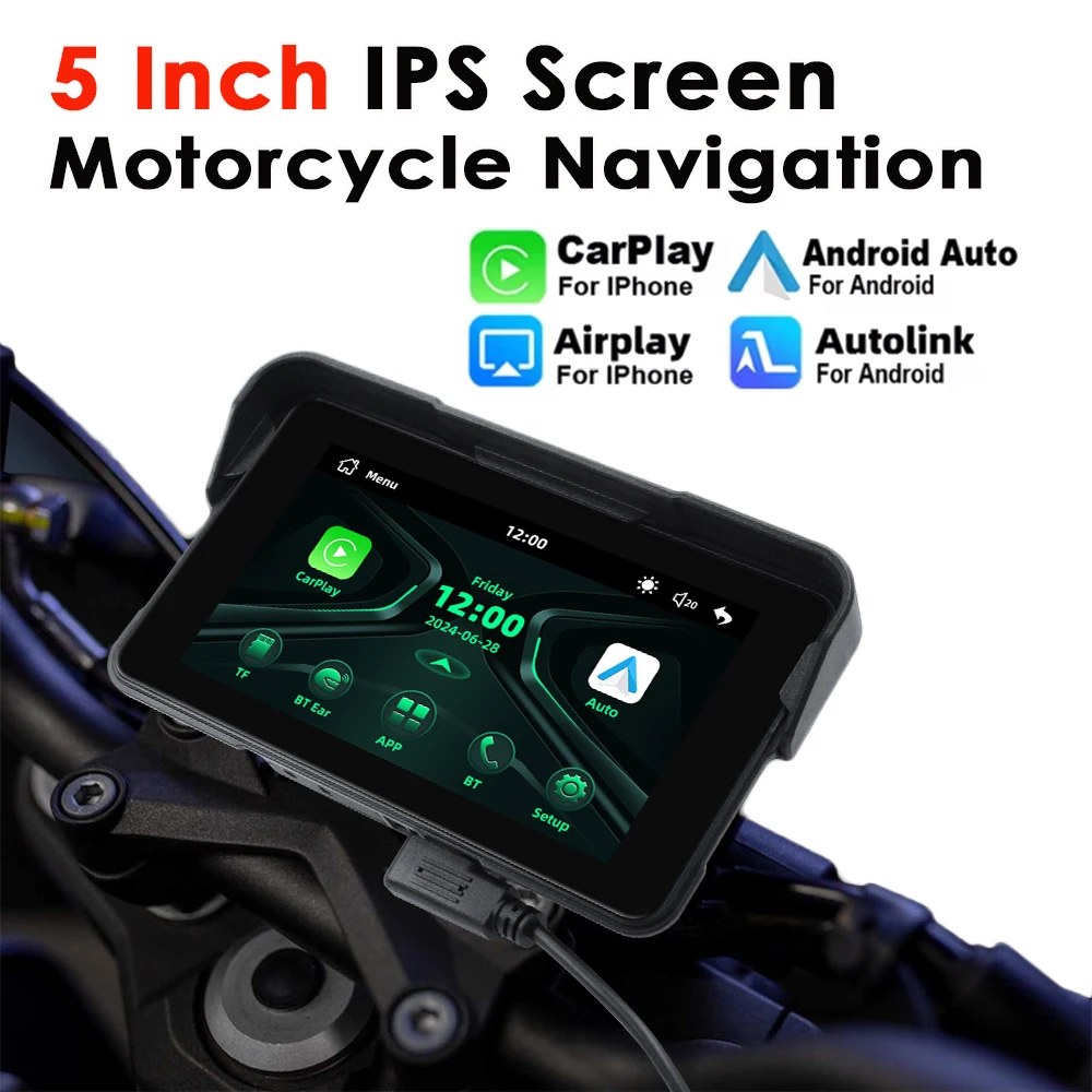 

5-дюймовый цифровой мотоциклетный GPS-навигатор, экран монитора, беспроводной CarPlay Moto Android Auto, приборная панель BT5.0, водонепроницаемый