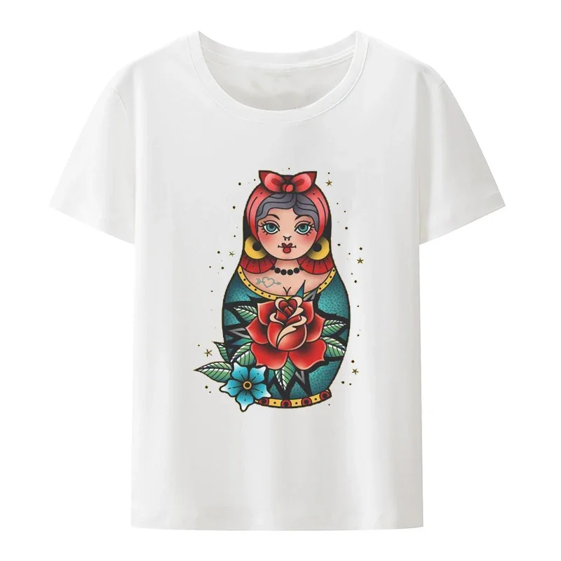 Matryoshka Doll Babushka Stacking Russian Cotton T Shirt Traditional Old School Tattoo Personalize Woman Casual Aesthetics Tops