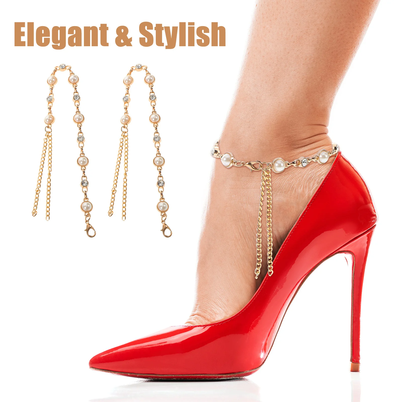 1 زوج اللؤلؤ حجر الراين أحذية عالية الكعب الأشرطة انفصال المضادة للانزلاق سلاسل الأحذية أنيق الأحذية اكسسوارات للكعوب