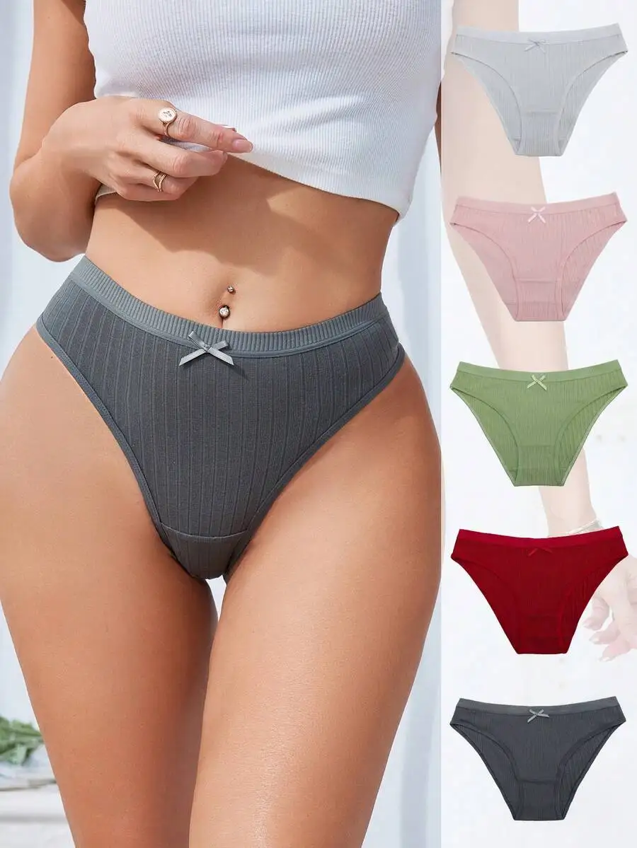 

5 Pcs Womens Solid Triangle Panties With Bow Decoration Low Rise